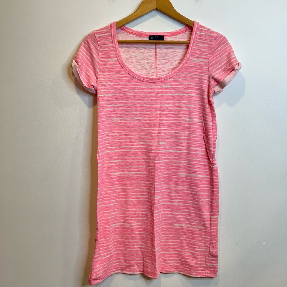 Gap Roll Sleeve Short Sleeve Tee Striped Shirt Dress Neon Pink White